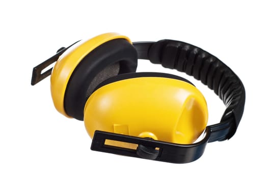 Yellow working protective headphones, it is isolated on white