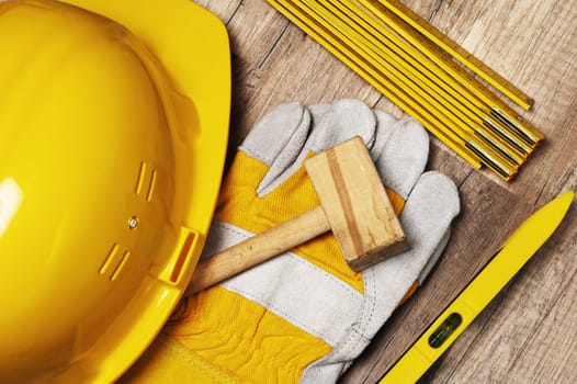 Working tools on a board, a close up