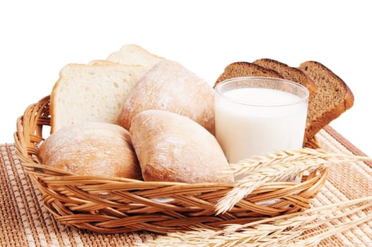 Bread, rolls and a glass of milk