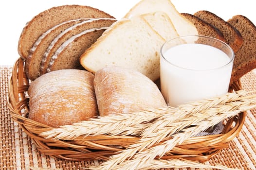 Bread, rolls and a glass of milk