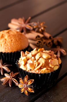 Cashew nut muffin and spices close up