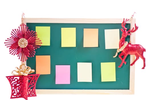 Christmas notice board with Christmas ornaments and sticky notes on the board
