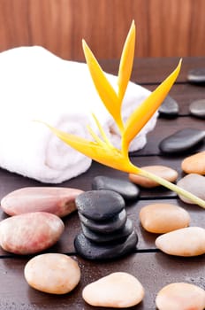 Zen stones on a wooden table outdoor with resort feel