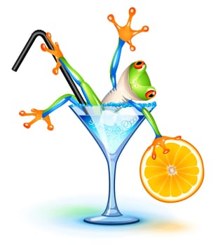 Tree frog in Blue Lagoon cocktail