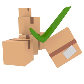 Cardboard boxes with a green check mark