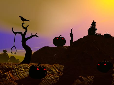 Halloween pumpkins and houses, trees, crosses, crow and dead man by sunset
