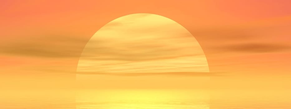Big yellow sun shining while sunset over the ocean