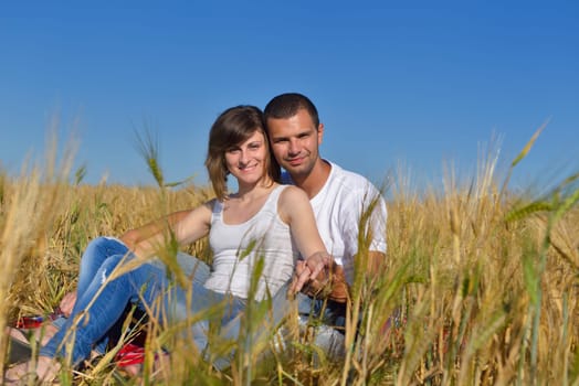 happy young couple in love have romance and fun at wheat field in summer