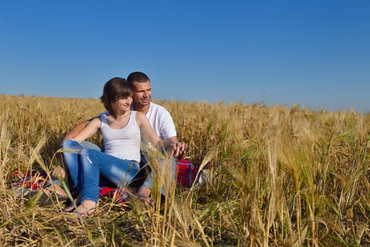 happy young couple in love have romance and fun at wheat field in summer