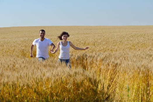 happy young couple in love have romance and fun at wheat field in summer