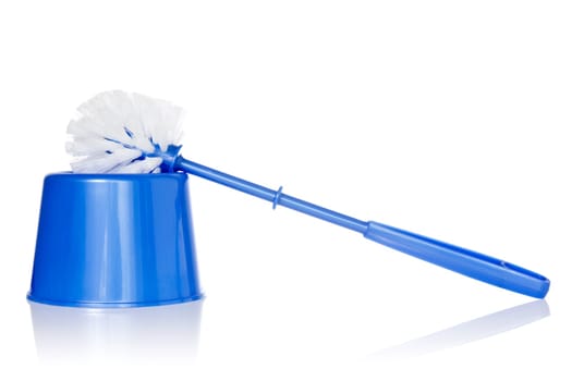 blue toilet brush with reflection on white background
