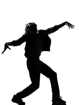 full length silhouette of a young man dancer dancing funky hip hop r&b zombie walk on  isolated  studio white background