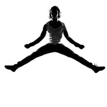 full length silhouette of a young man dancer dancing funky hip hop r&b on  isolated  studio white background