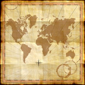 World map on old paper with coffee stains