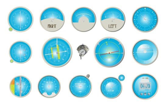 Aircraft dashboard instruments collection over white background