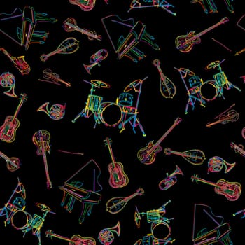 Seamless pattern for wrapping paper or background with musical instruments over black.