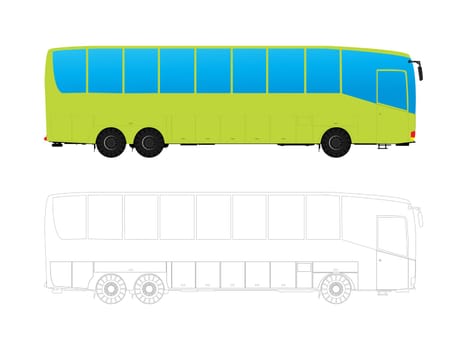 Detailed tour bus in colors and outlines against white background.