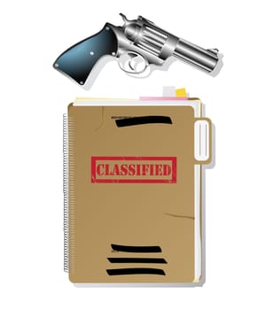 Classified files and revolver, isolated and grouped objects over white background