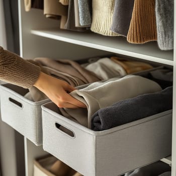 Efficiently arranged fabric storage boxes with neatly folded clothes. Ideal for home organization services, wardrobe decluttering, and minimalist living.