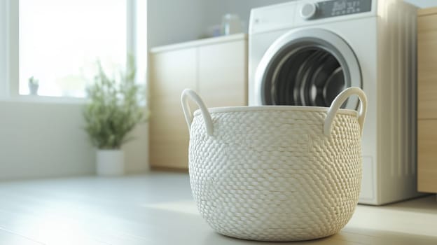 Wicker laundry basket in front of washing machine. Ideal for spring cleaning, home organization, and textile care.