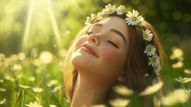 Young woman with a daisy wreath. Perfect for self-care brands, organic products, holistic wellness, and summer-themed visuals