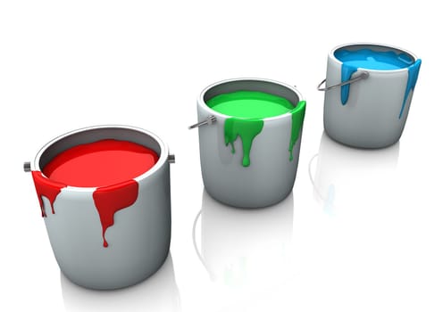 Three buckets with red, green and blue colours on the white background.