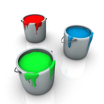 Three buckets with red, green and blue colours on the white background.
