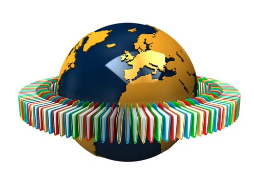 Globe with colored folders on the white background.
