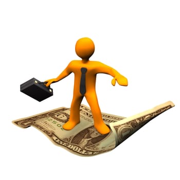 Orange cartoon character with a black briefcase flying on the dollar.