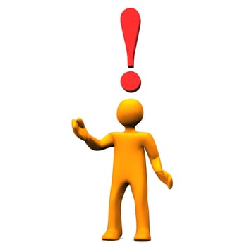 Orange cartoon character with a big exclamation mark.