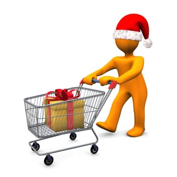 Orange cartoon character with santa cap and carry with gift on the white background.