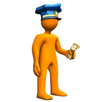 Orange cartoon with police cap and money in the hand.