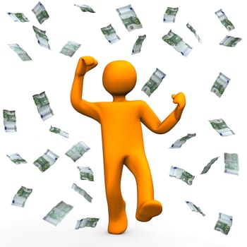 Orange cartoon character has win money and is happy.