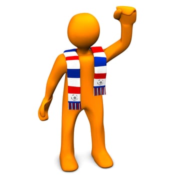 Orange cartoon character with a scarf in blue, red and white colors.