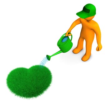 Orange cartoon character watering the heart from grass.