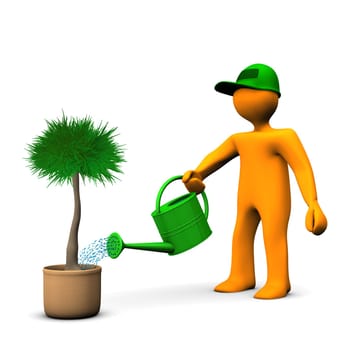 Orange cartoon character watering a plant on the white background.