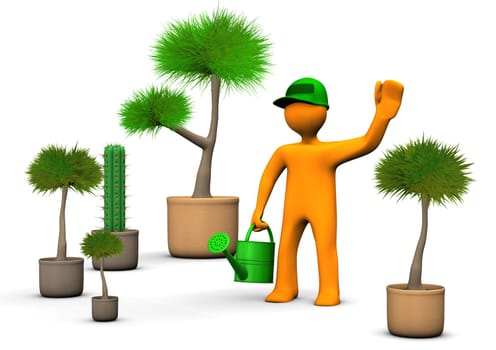 Orange cartoon character gardener with plants on the white background.