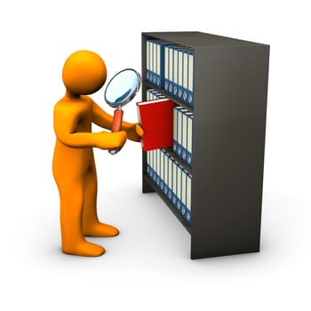 Orange cartoon character searches with the loupe in a red folder.