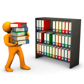 Orange cartoon character assorts folders in the cabinet. White background.