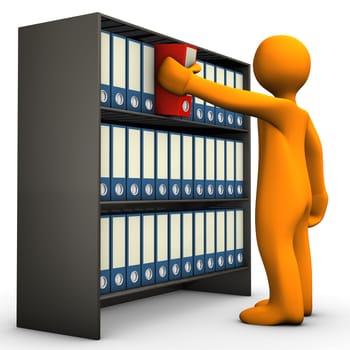 Orange cartoon character springs a folder. White background.