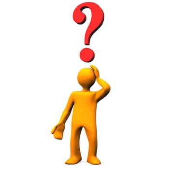 Orange cartoon character with a big red question.