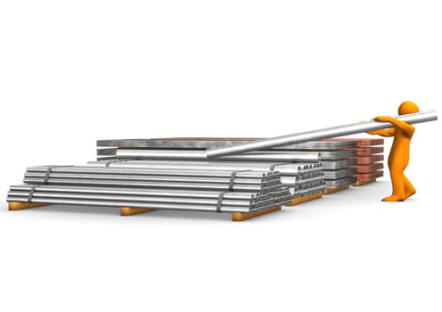 Orange cartoon with a steel pipe on the white background.