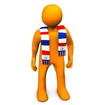 Orange cartoon character with a scarf in blue, red and white colors.