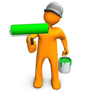 A painter with a big roller and bucket with green paint.