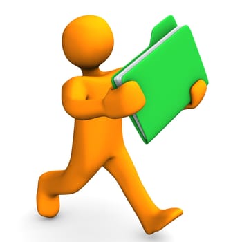 Orange cartoon character runs with a green folder.