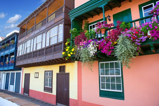 Santa Cruz de La Palma colonial flowers house facades in canary Islands