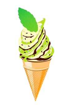 Ice cream cone with mint and chocolate flavor over white