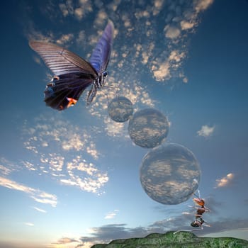 Butterfly flying on the air and ANT