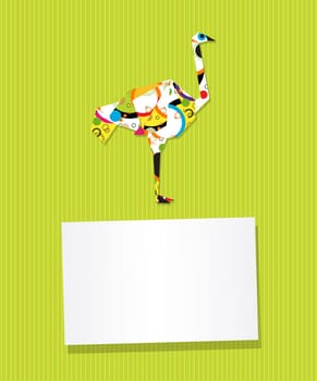 Decorative text card/invitation with collage ostrich made from cirlces