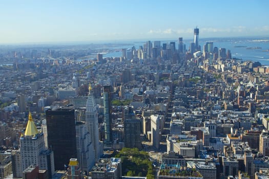 An aerial view over New York city in the morning light.